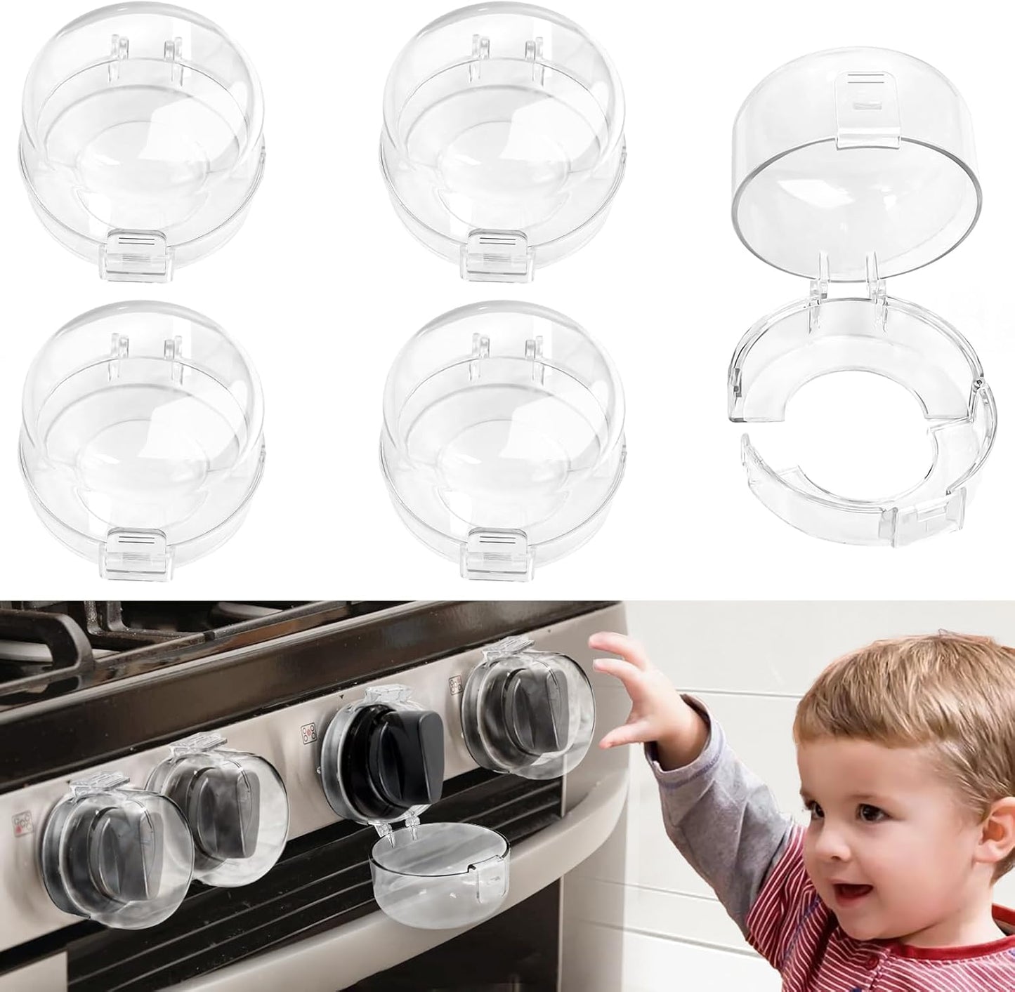 Stove Knob Safety Covers Baby Proofing for Press Stove Knob and Oven Knob Child Safety Locks - 5 Pack (Transparent)