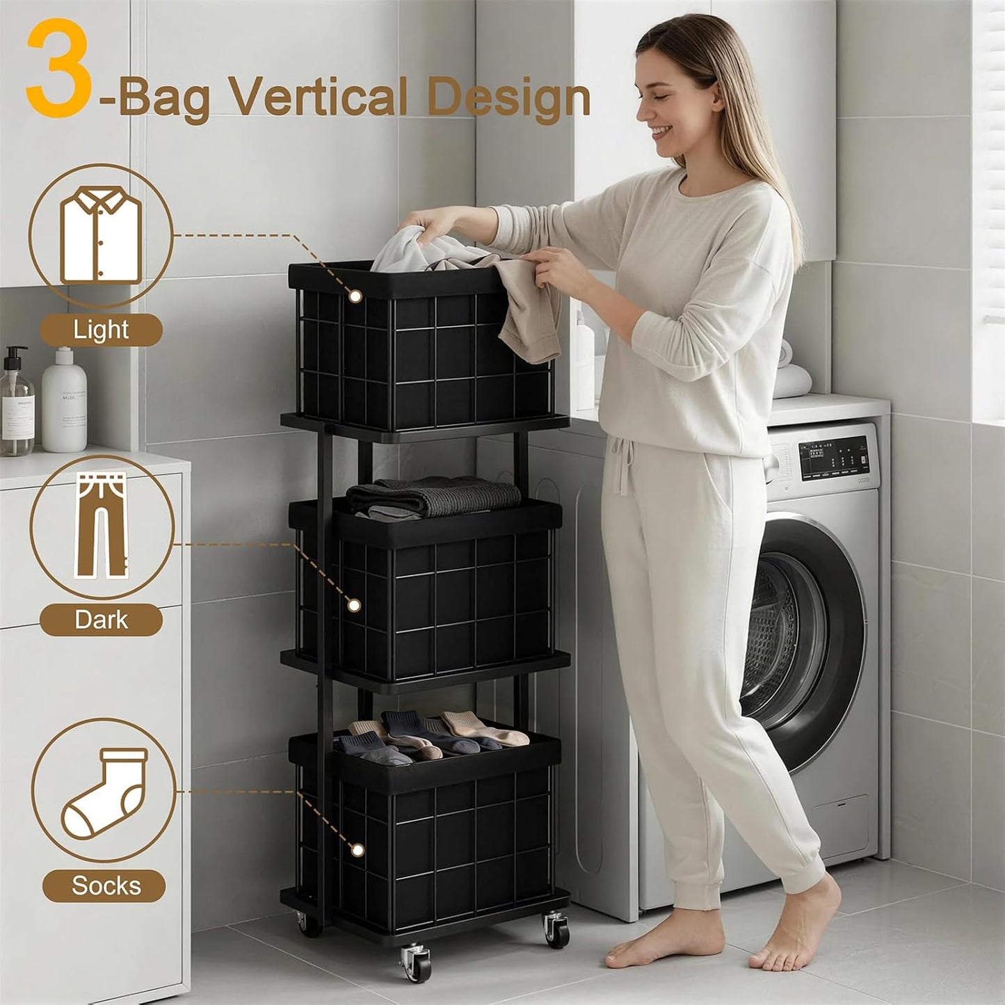 120L Vertical Rolling Laundry Hamper with Removable Bags, 3 Section Laundry Basket with Wheels, Slim Tall 3 Tier Laundry Sorter for Small Spaces, Dorm, Laundry Room, Bathroom, Closet, White