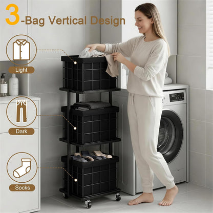 120L Vertical Rolling Laundry Hamper with Removable Bags, 3 Section Laundry Basket with Wheels, Slim Tall 3 Tier Laundry Sorter for Small Spaces, Dorm, Laundry Room, Bathroom, Closet, White