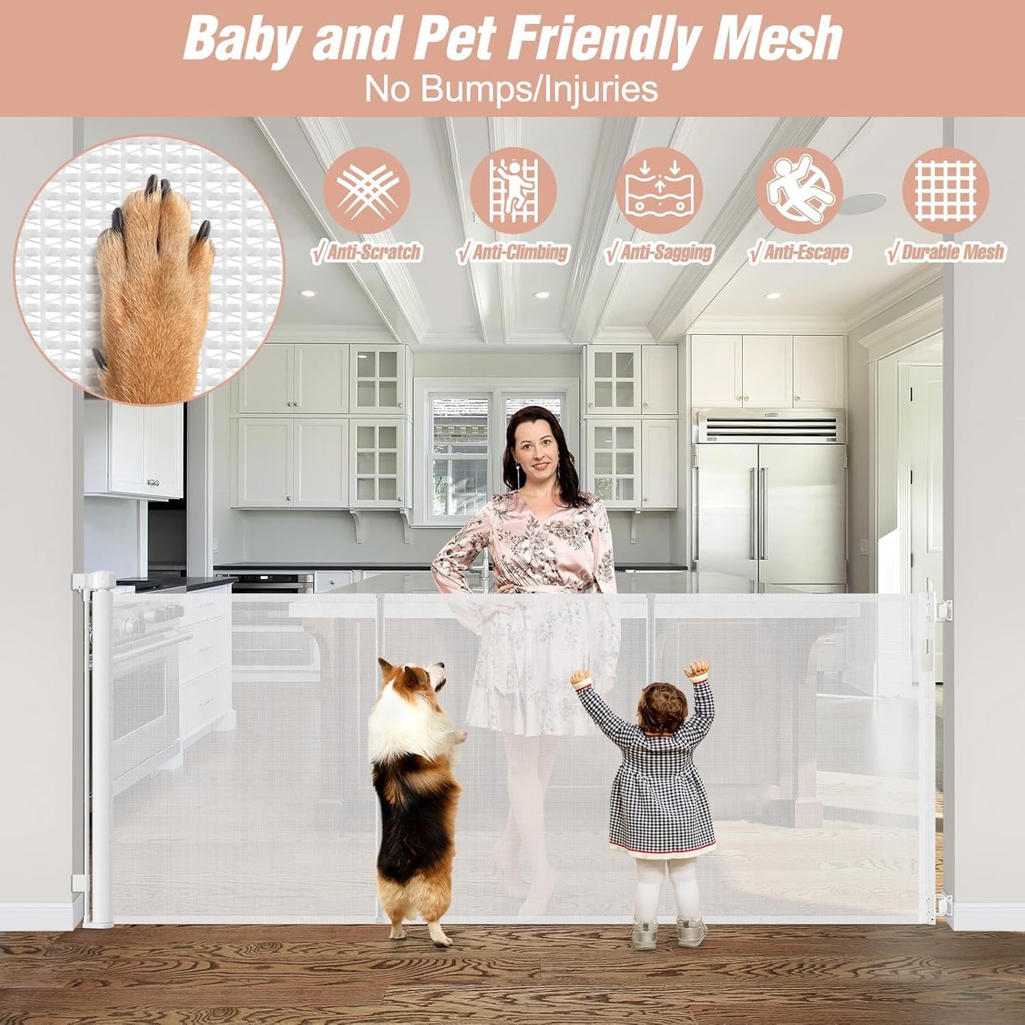 Newly Enhanced - 42" Tall × 120" Extra Wide Retractable Baby Gate Keeps Pets from Getting Under Tall Dog Gate, Indoor/Outdoor Baby Gates for Dogs, Retractable Dog Gate for Large Openings, White