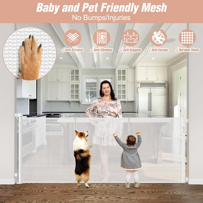 Newly Enhanced - 42" Tall × 120" Extra Wide Retractable Baby Gate Keeps Pets from Getting Under Tall Dog Gate, Indoor/Outdoor Baby Gates for Dogs, Retractable Dog Gate for Large Openings, White