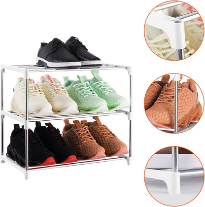 3-Tier Stackable Small Shoe Rack, Lightweight Shoe Shelf Storage Organizer for Entryway, Hallway and Closet(Black)