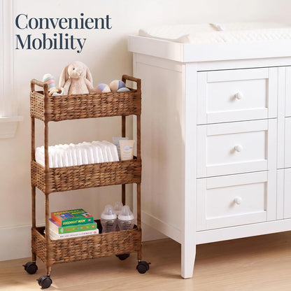 Best Choice Products 3-Tier Slim Water Hyacinth Rolling Nursery Caddy w/Wheels, Handwoven Utility Cart, Narrow Storage Organization for Bathroom, Craft Room, Laundry Room - Natural