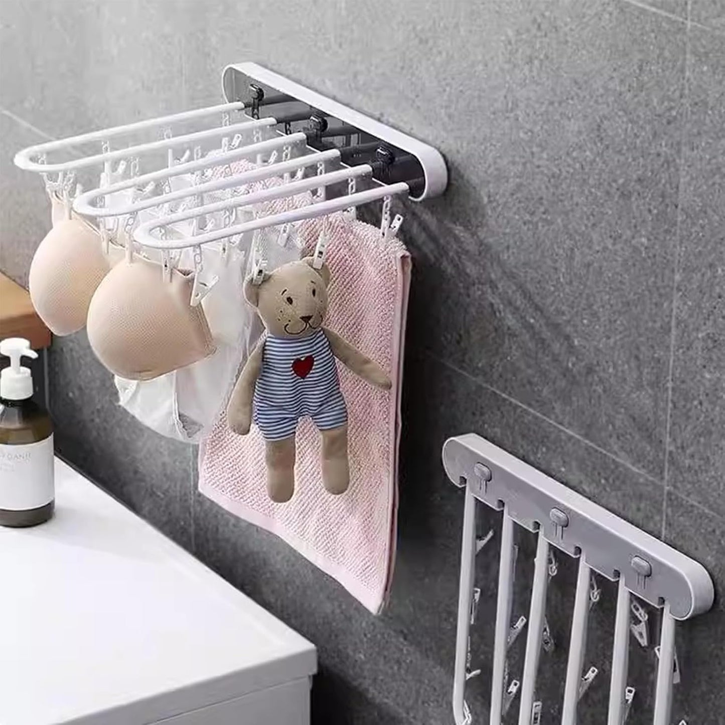 Clothes Drying Rack Wall Mounted, Clothes Drying Rack Folding Indoor with Clip, Balcony Drying Rack Dryer, Space Saver for Socks, Underwear, Rags, Towels