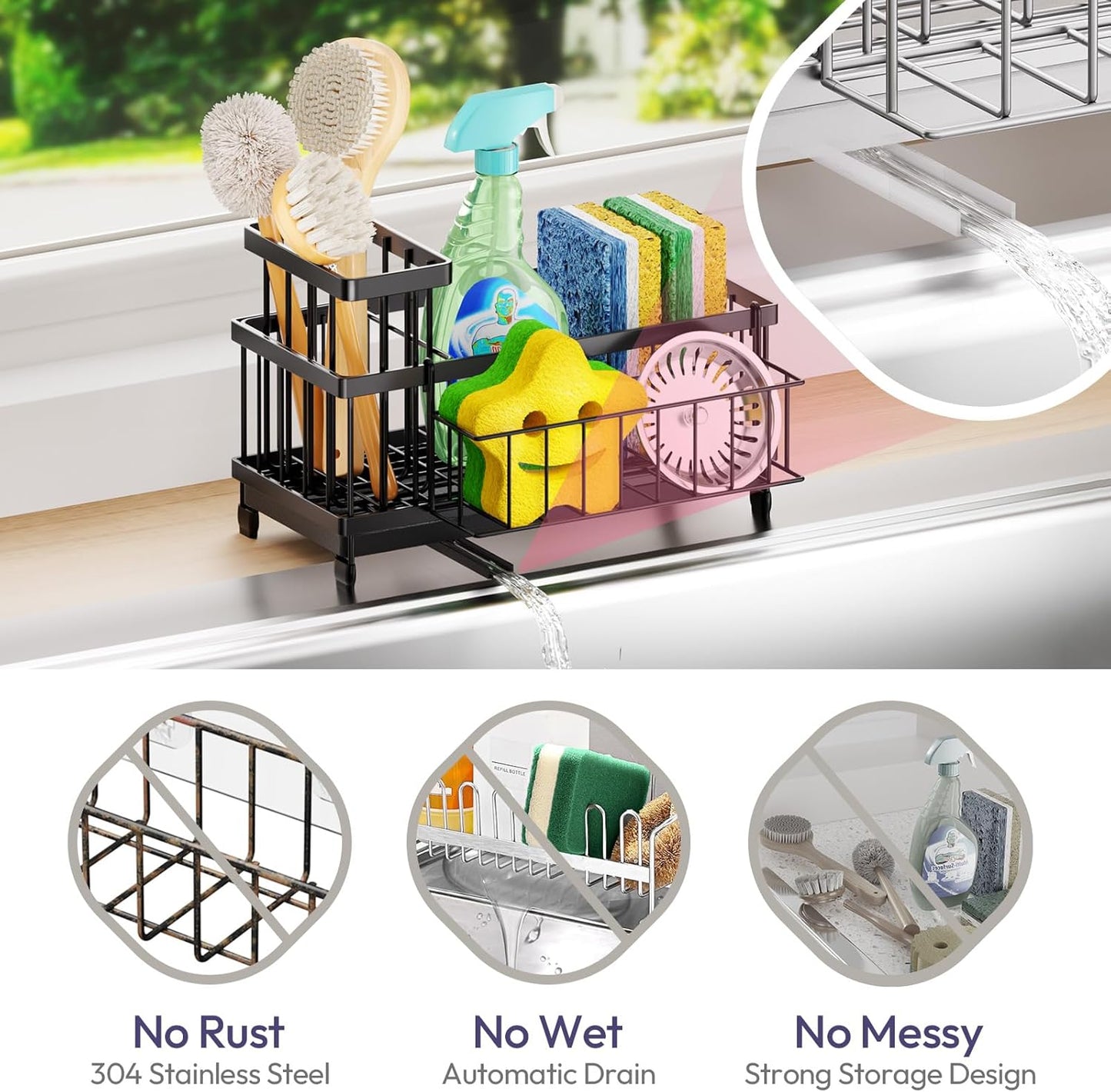 SWTYMIKI Sink Caddy Sponge Holder - Large Sponge Holder for Kitchen Sink with 360°Auto-Drain Tray, Rustproof Stainless Steel Kitchen Organizer Caddy for Countertop Organization