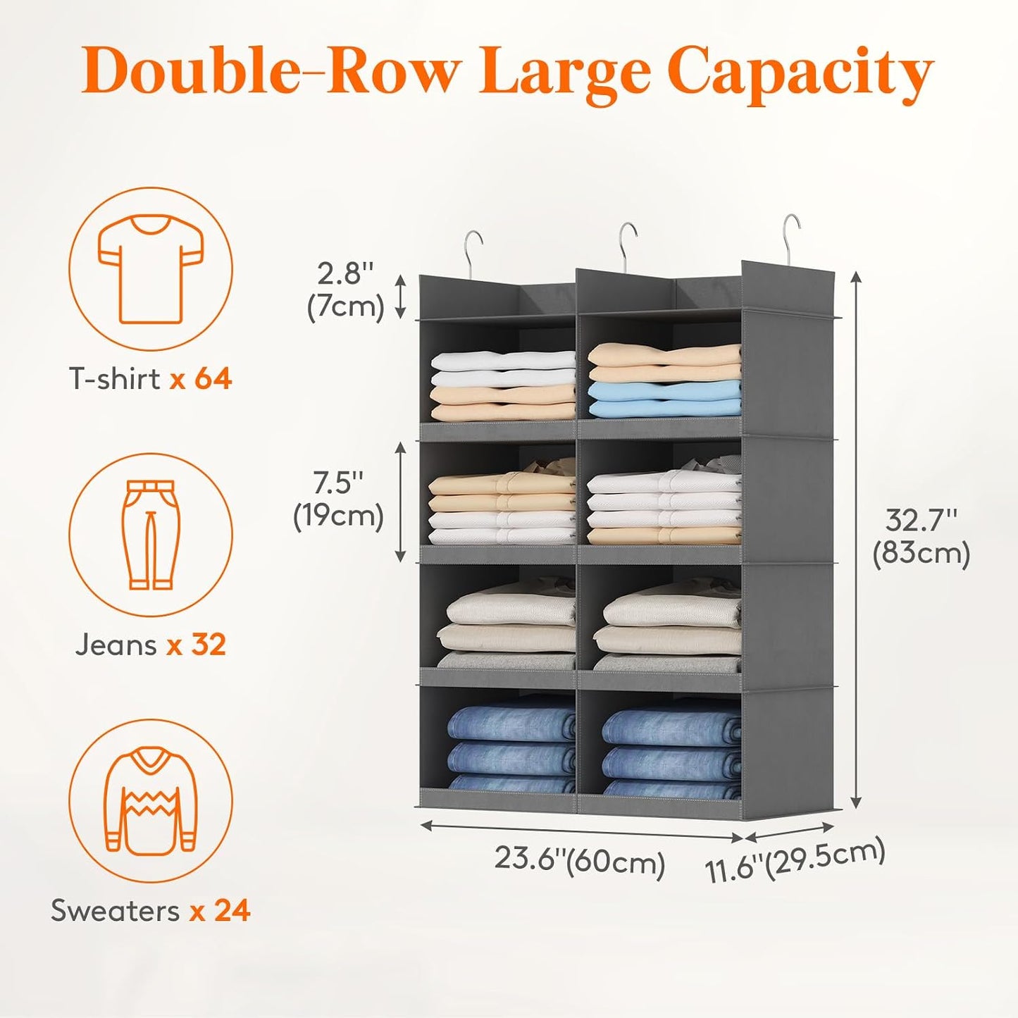 Lifewit Dual-Row Shelf Hanging Closet Organizer and Storage, Clothes Shelves with 3 Sturdy Hooks for Clothing Organization, Foldable Container Hold Up to 24 Sweaters, 4 Tier 8 Sections, Gray
