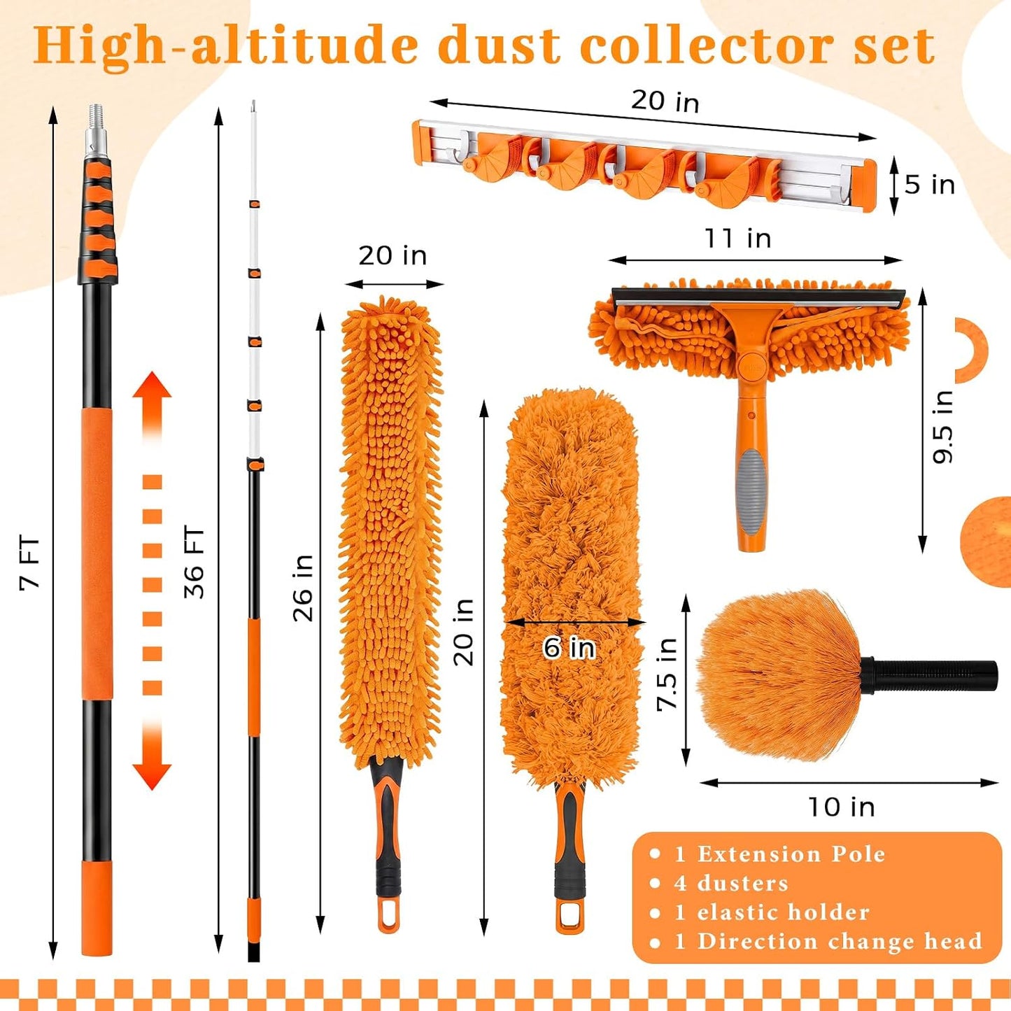 36ft Extra Long High Ceiling Duster with Extension Pole, Long Reach Cleaning Kit for Ceiling Fans, Windows & Cobwebs, Telescoping Pole with 6 Attachments for Home Church Warehouse Cleaning