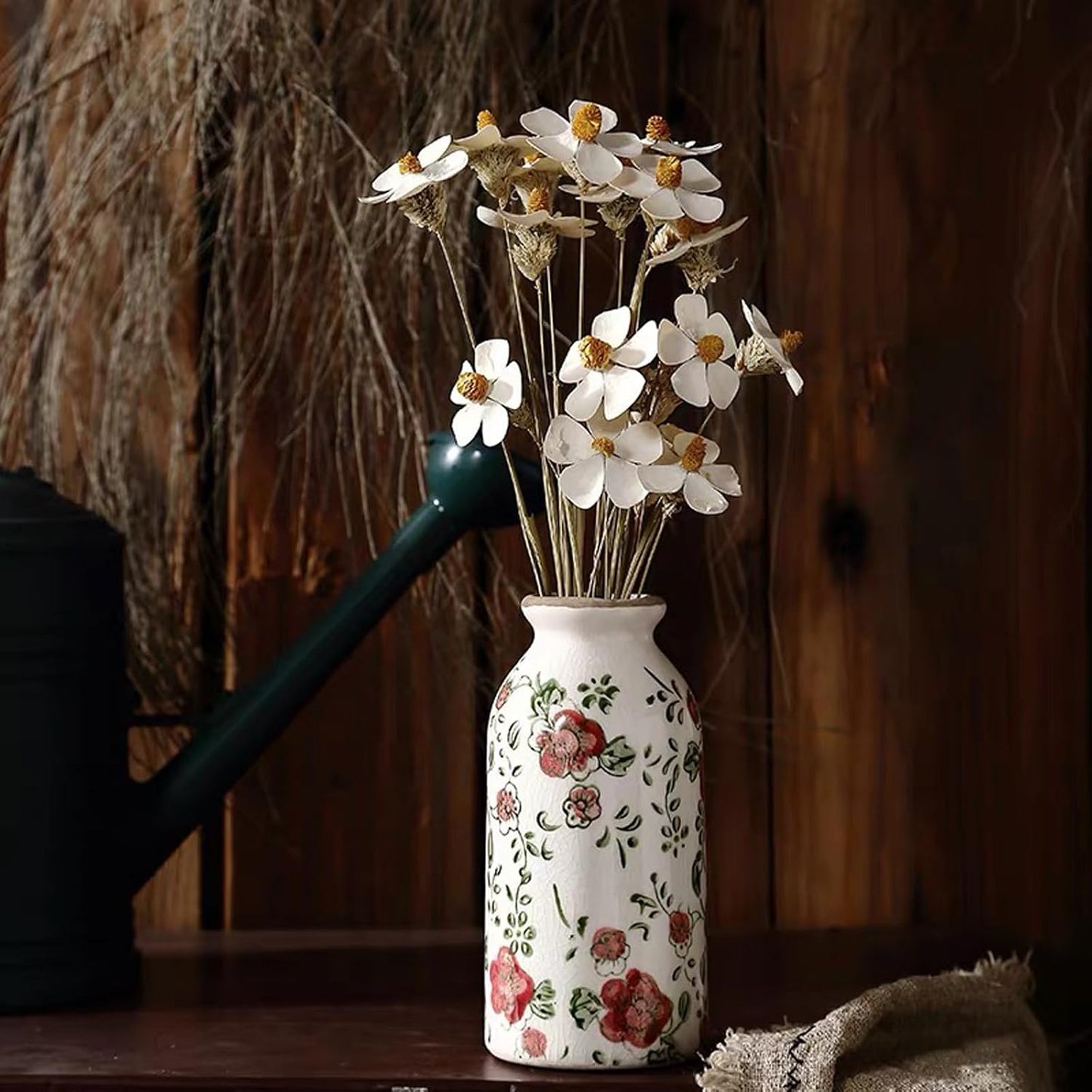 Rustic Ceramic Vase Set of 3 - Beige Rustic Vases for Flowers,Farmhouse Flower Vases for Home Decor,Small Decorative Vase Set for Living Room,Table Shelf,Centerpieces and Fireplace Decorations