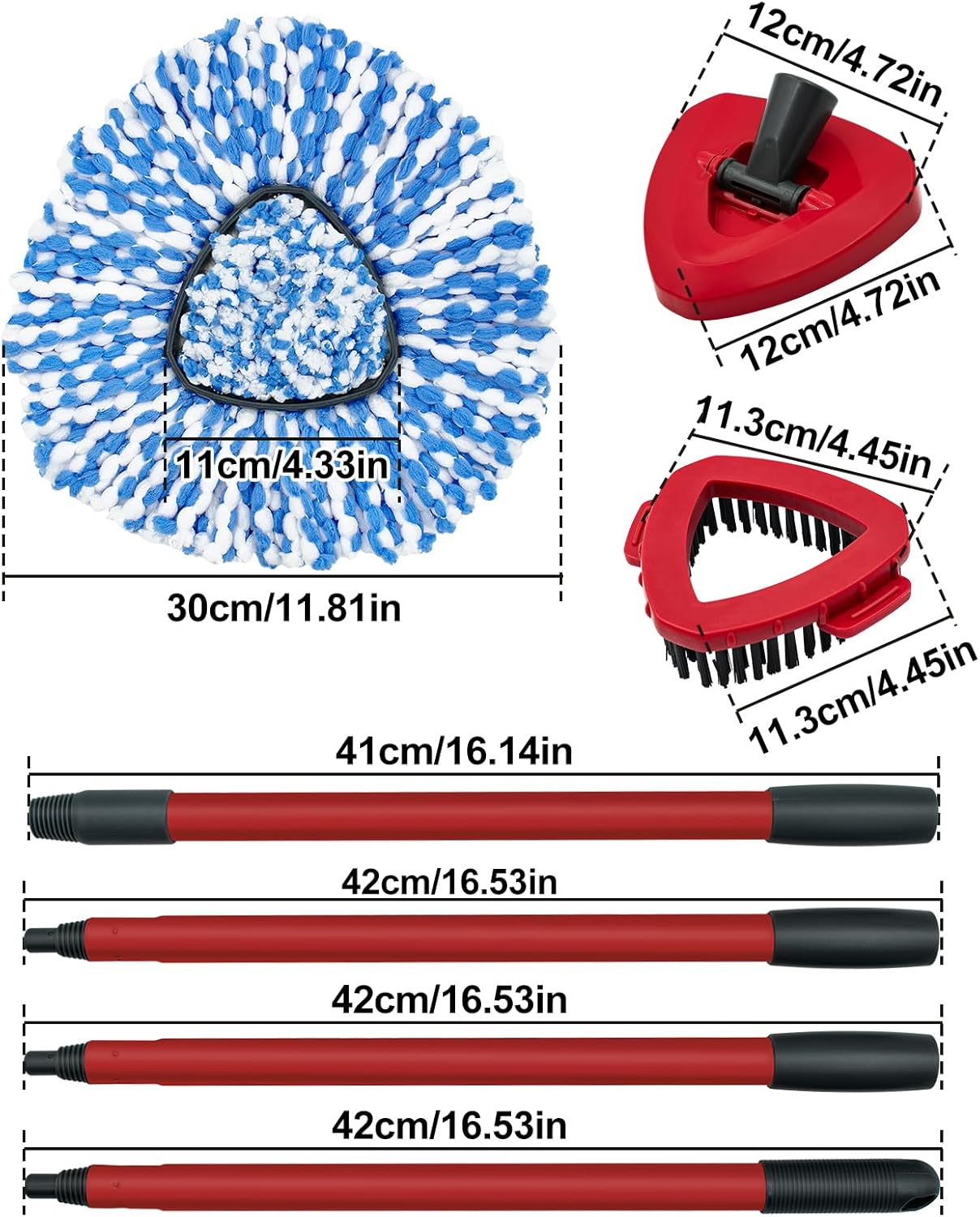 Spin Mop Handle, Mop Heads Replacements,Scrubber Brush and Mop Base Compatible with Ocedar RinseClean 2-Tank System, Mop Handle and Head Replacement Combo Set for Wet Dry Use Floor Cleaning
