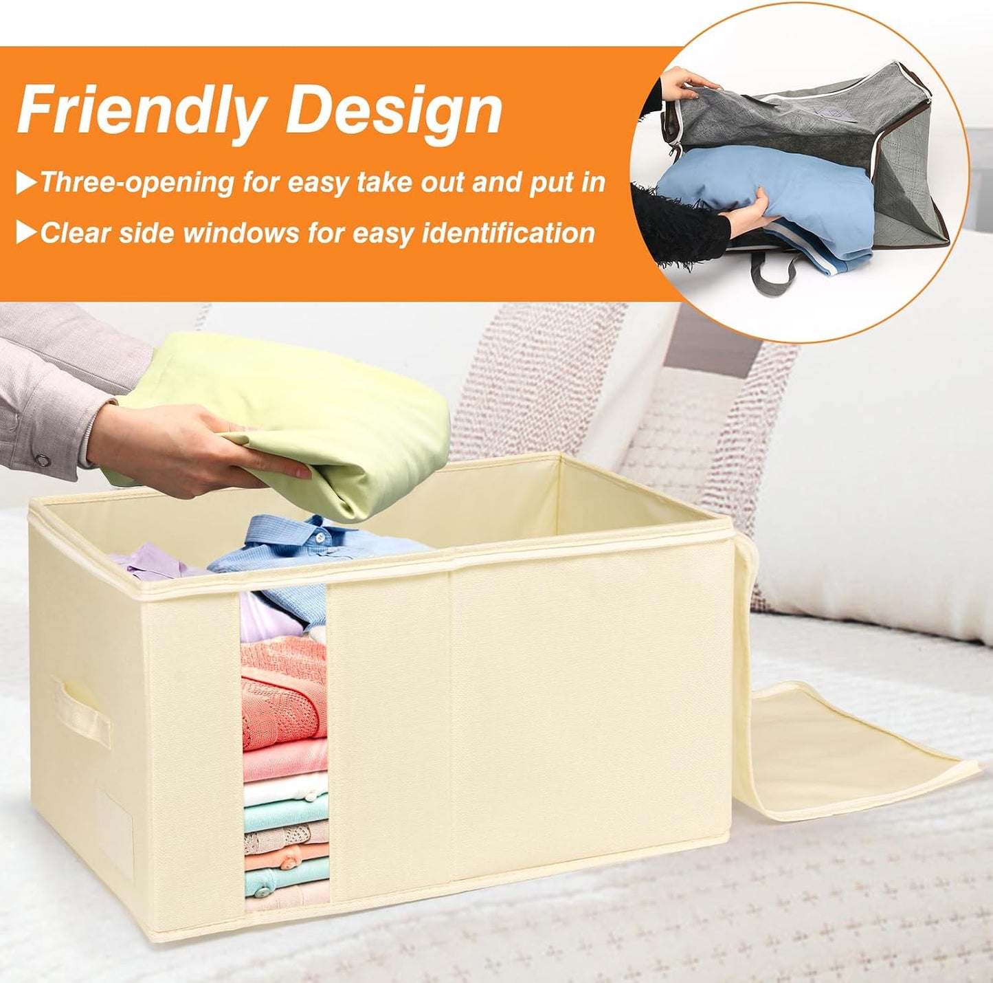 60L Blanket/Comforter Storage Bag w/Rigid Side & Bottom Support, Stackable Clothes Storage Bin for Sweaters Bedding Sets Quilts Pillows, Closet Organizer, 21.7x14.2x11.8in, 2 Pack, Gray