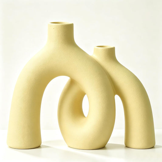 Hug Donut Decorative Vase Set - Modern Nordic Boho Style Vases Home Decor, Matte Ceramic Decorations for Living Room Shelf, Bookshelf Mantle Entryway Table or Console Décor (Cream White)