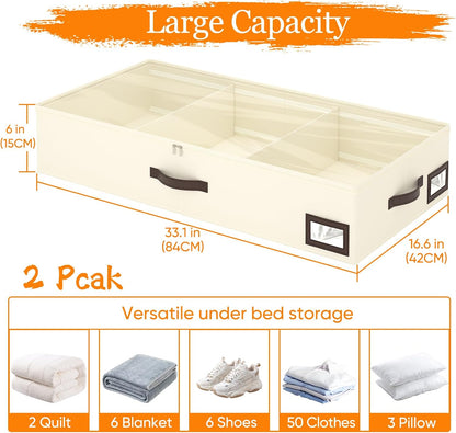 OIAHOMY 2 Pack 53L Under Bed Storage with Adjustable Dividers, 6" Low Profile Underbed Storage Bins for Comforters & Clothes, Save Closet Space with Clear View Lid & Reinforced Handles, Grey