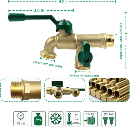 Outdoor Faucet Double Outlet, 1/2 Inch Male Inlet NPT Thread,Wall Mounted Lead-Free Brass Tap with Dual 3/4 inch Outlet,2 Way Splitter,Ball Valves Spigot,for Garden Hose Connector