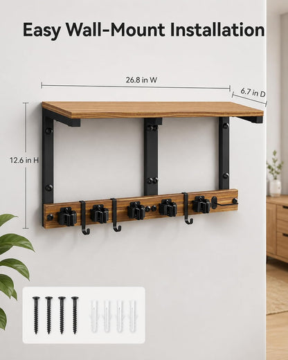 Broom and Mop Holder Wall Mount, 27" Large Organizer with Wood Shelf | Vacuum Holder, 5 Heavy-Duty Grippers, 5 Movable Metal Hooks for Laundry Room, Garage and Utility Closet Organization