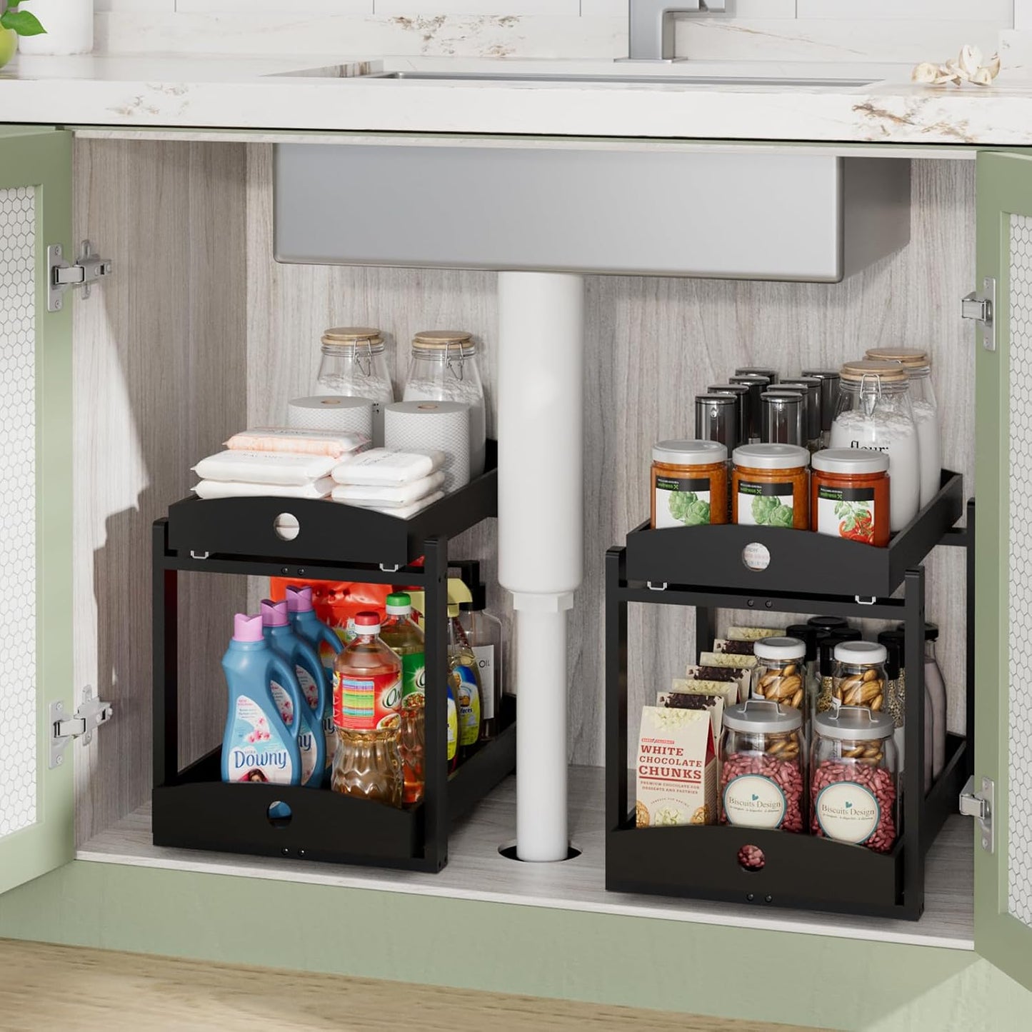 APRTAT 2 Pack Under Sink Organizer, Bamboo Wooden 2-Tier Pull-Out Storage with Sliding Drawers for Kitchen and Bathroom Cabinets, Easy Installation (Natural)