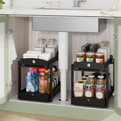 APRTAT 2 Pack Under Sink Organizer, Bamboo Wooden 2-Tier Pull-Out Storage with Sliding Drawers for Kitchen and Bathroom Cabinets, Easy Installation (Natural)