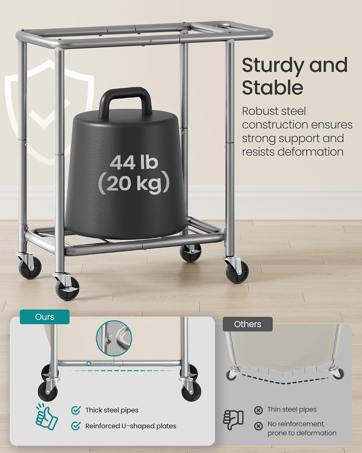 SONGMICS Laundry Basket with Wheels, 3-Section Rolling Laundry Hamper, 52.8 Gallons (200 L), Removable Liner, Steel Frame with Handle, 35.8 x 15.4 x 31.9 Inches, Cream White URLS005W01