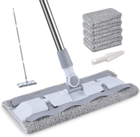 HOMTOYOU Microfiber Hardwood Floor Mop with 4 Washable Pads, 360 Rotation Dust Flat Mop with Ultra Long Stainless Steel Handle for Home/Office Floor Cleaning