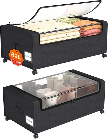 Webetop Under Bed Storage Containers with Wheels,12 inch Under the Bed Storage Bins with Clear Lid for Underneath Small Spaces Dorms, Blankets (2 Pack, 30.7"x17.3"x12")