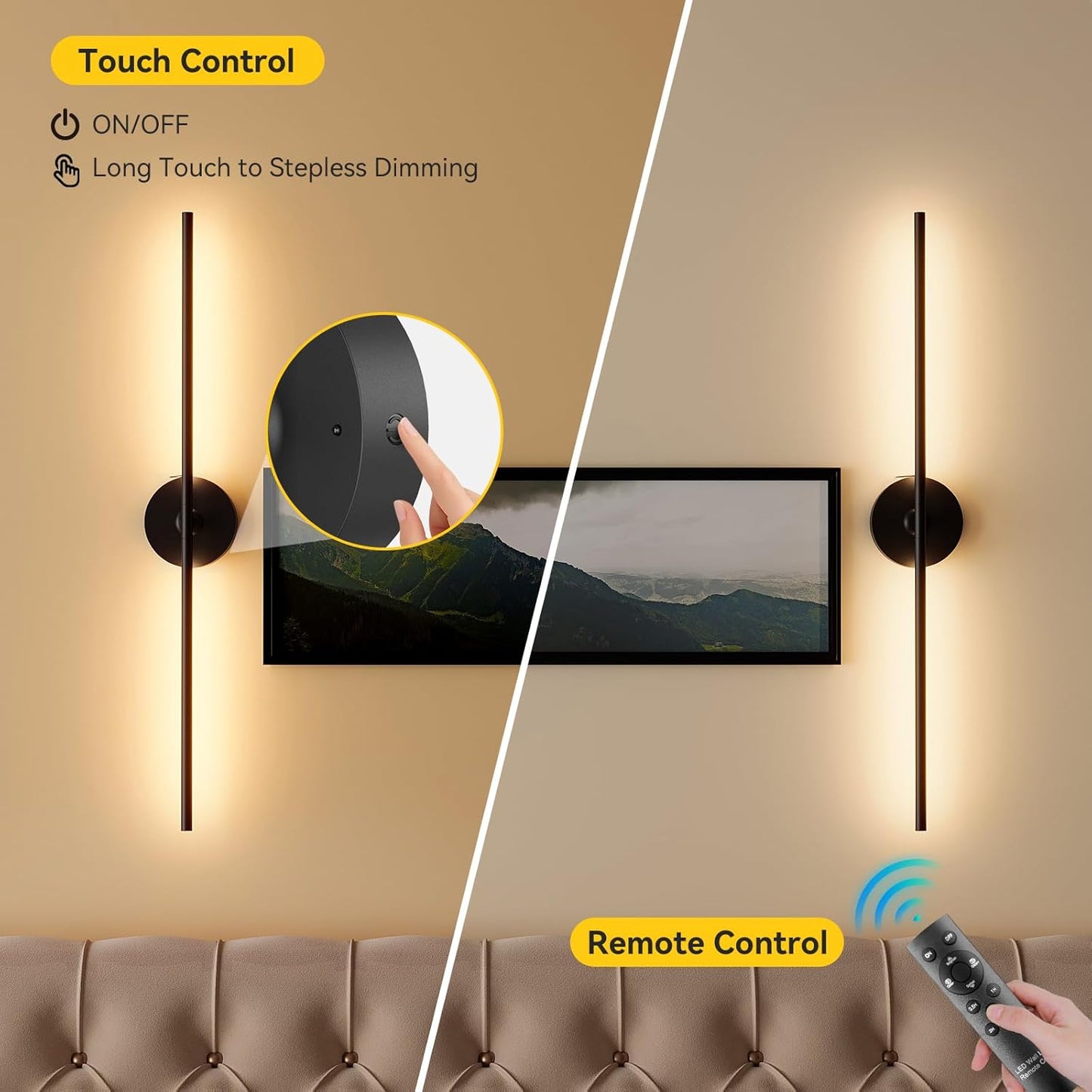 Ouyulong Battery Operated Wall Sconces Set of 2, 10000mAh Wireless Rechargeable 3000-6000K Dimmable 350° Rotate Wall Light with Remote for Living Room, Bedroom 31.6in Black