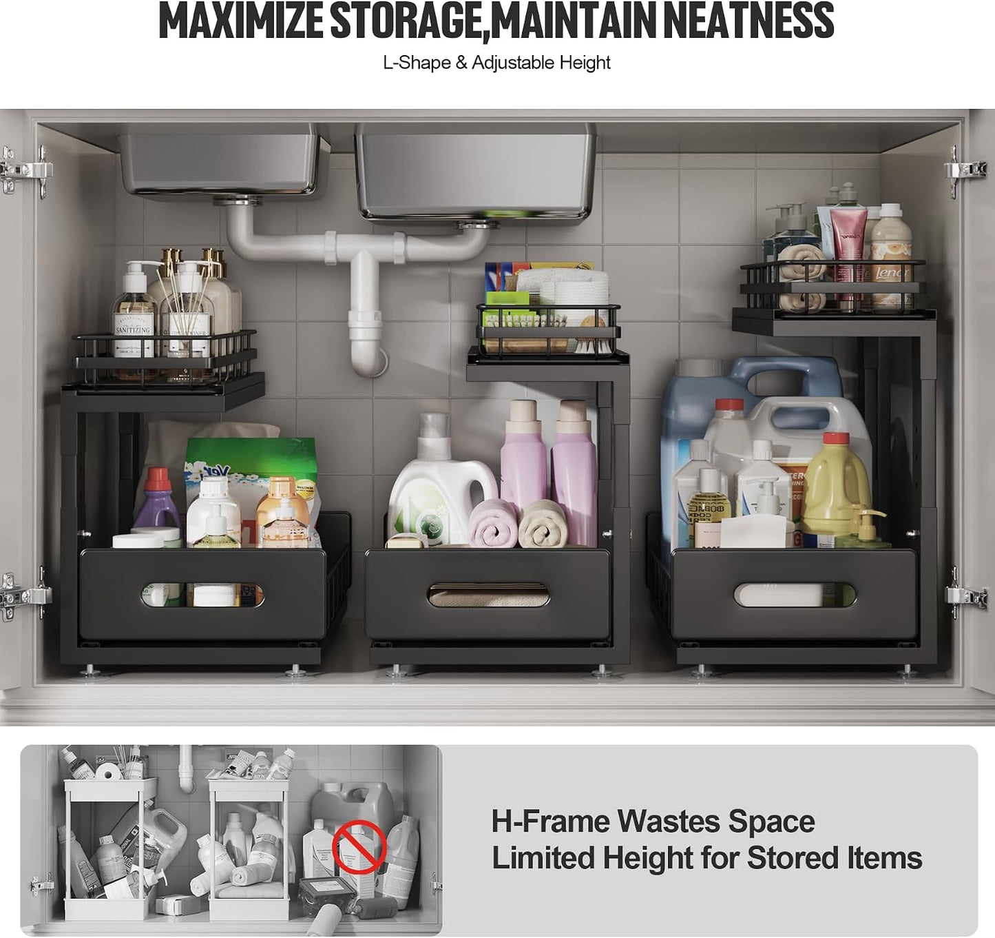 Under Sink Organizer Upgrade To Professional Rails,2-Tier Dual Pull Out Cabinet Storage,Height Adjustable Slide Out Drawers For Bathroom Kitchen,2 Pack-14.5" Dx12.8-16.9" H,White