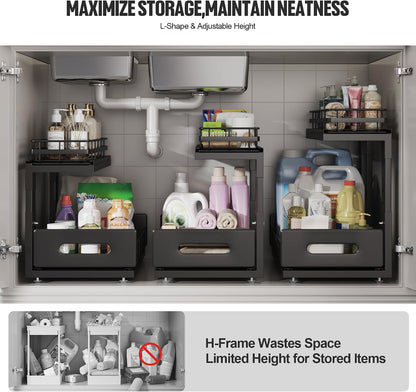 Under Sink Organizer Upgrade To Professional Rails,2-Tier Dual Pull Out Cabinet Storage,Height Adjustable Slide Out Drawers For Bathroom Kitchen,2 Pack-14.5" Dx12.8-16.9" H,White