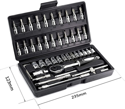 46PCS 1/4 inch Drive Socket Set,Metric Ratchet Wrench Set with 4-14mm CR-V Sockets,S2 Bits,Extension Bars,Mechanic Tool Kits for Household Auto Repair