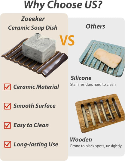 Self Draining Soap Dish, Ceramic Drain Soap Holder Waterfall Design Soap Saver for Shower, Bathroom, Sink, Kitchen and Countertop, Keeps Dry, Green