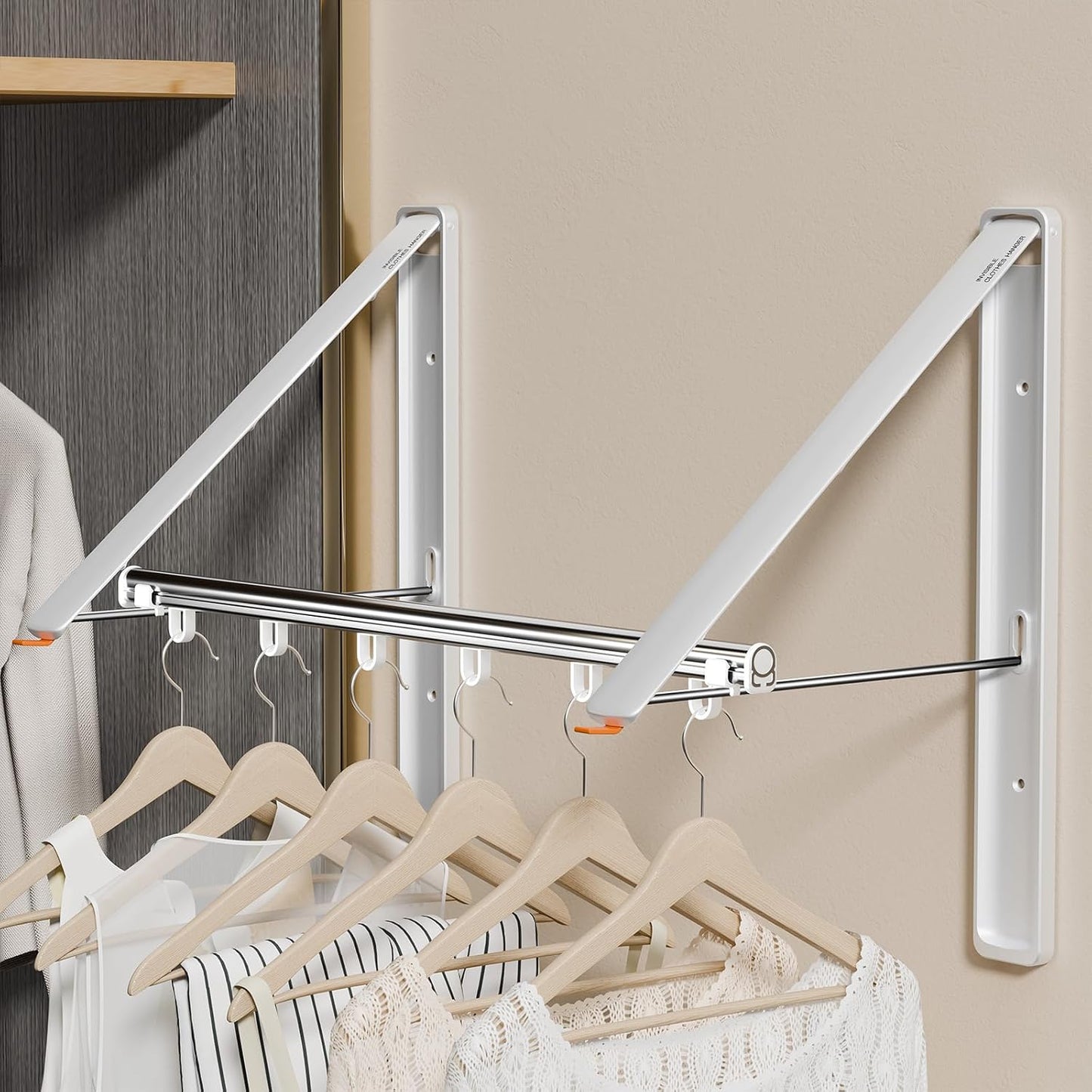 Retractable Clothes Drying Rack for wall clothes hanger rack for Laundry | Folding Hanger Rack Laundry Hanger Dryer Rack, Easy to Install, Closet Storage Organization, Space Saving Aluminium,Walnut