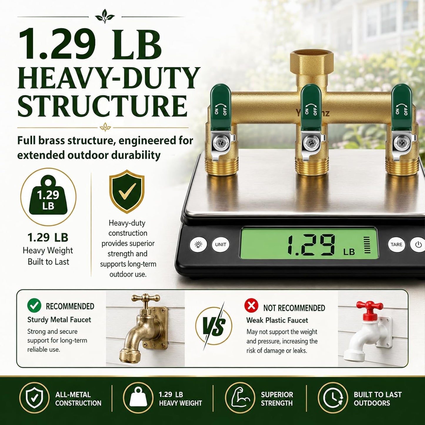 Garden Hose Splitter 3-Way, Heavy Duty Brass Hose Splitter | Outdoor Water Spigot Splitter, Full Flow, Long Handles, Shut-off Valves, Wide Spacing Fit Large Timer