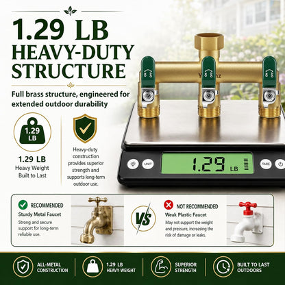 Garden Hose Splitter 3-Way, Heavy Duty Brass Hose Splitter | Outdoor Water Spigot Splitter, Full Flow, Long Handles, Shut-off Valves, Wide Spacing Fit Large Timer