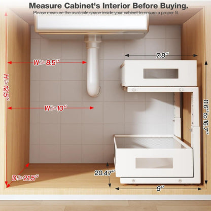 Under Sink Organizer, 2-Tier Dual Pull Out Cabinet Organizer Drawers With Smooth Circular Rail, Large Capacity Metal Mesh Sliding Shelves For Bathroom& Kitchen Storage,Height Adjustable–White,2 Packs
