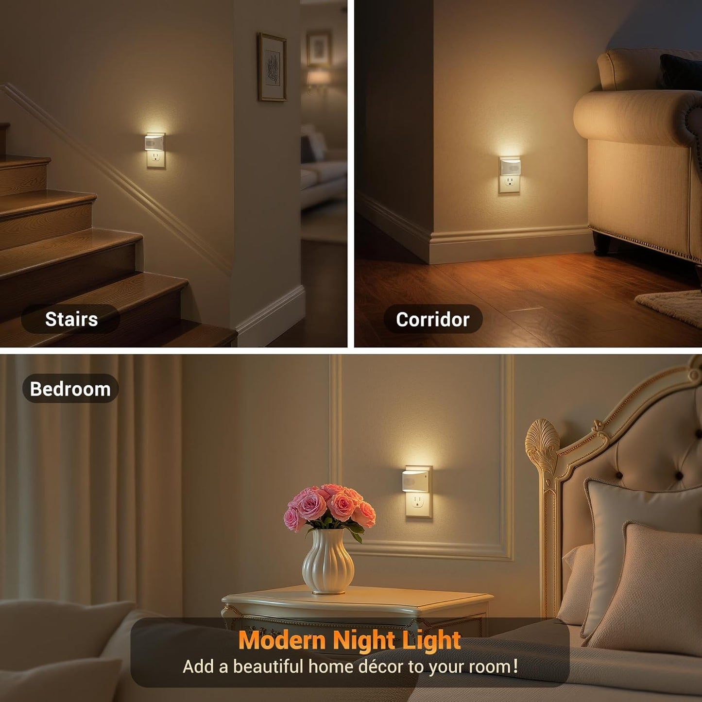 JandCase Motion Sensor Night Light, 2 Pack Motion Activated Night-Lights, 3000K Warm White LED Night Lights Plug into Wall, 30/60LM Adjustable Brightness, for Kids Adults Bathroom Bedroom