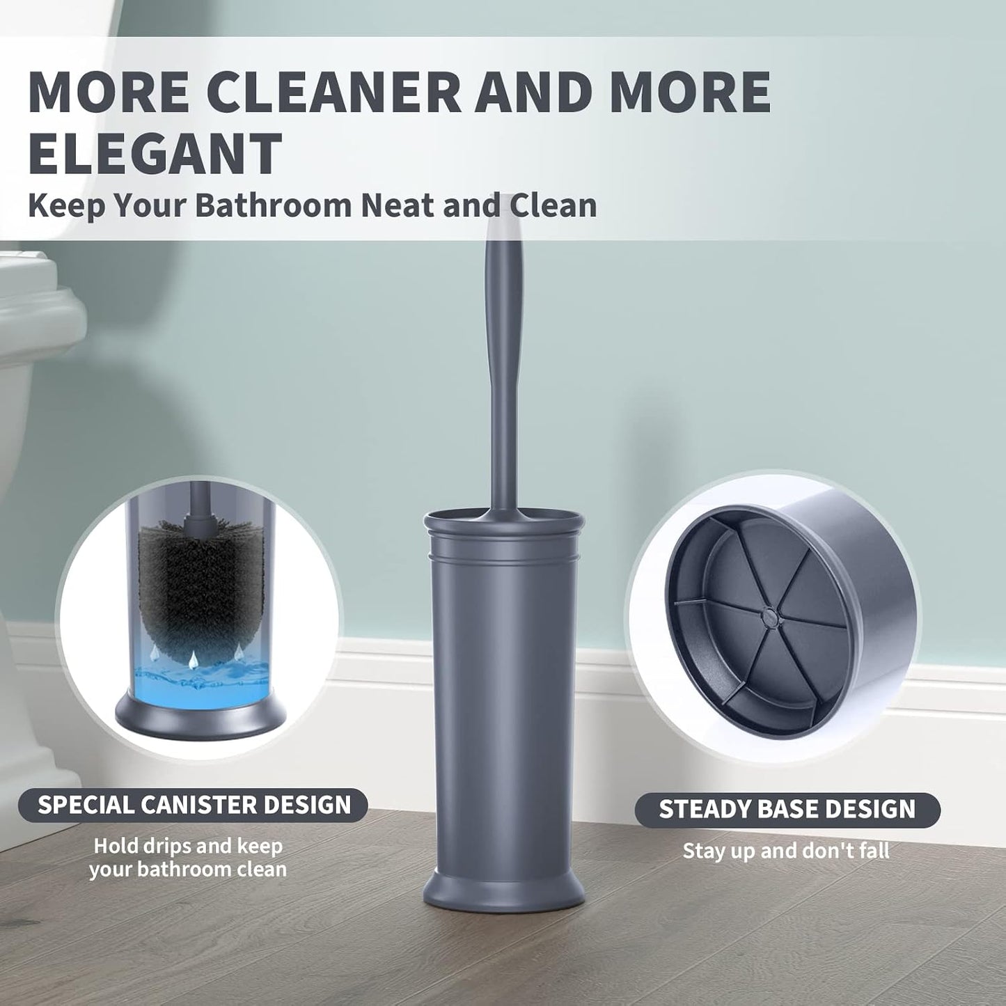 Toilet Brush, Toilet Bowl Brush with Extra Long Handle Durable Bristles Toilet Scrubber and Covered Holder for Toilet Brush Set for Bathroom Cleaning (Black, 1 Set)