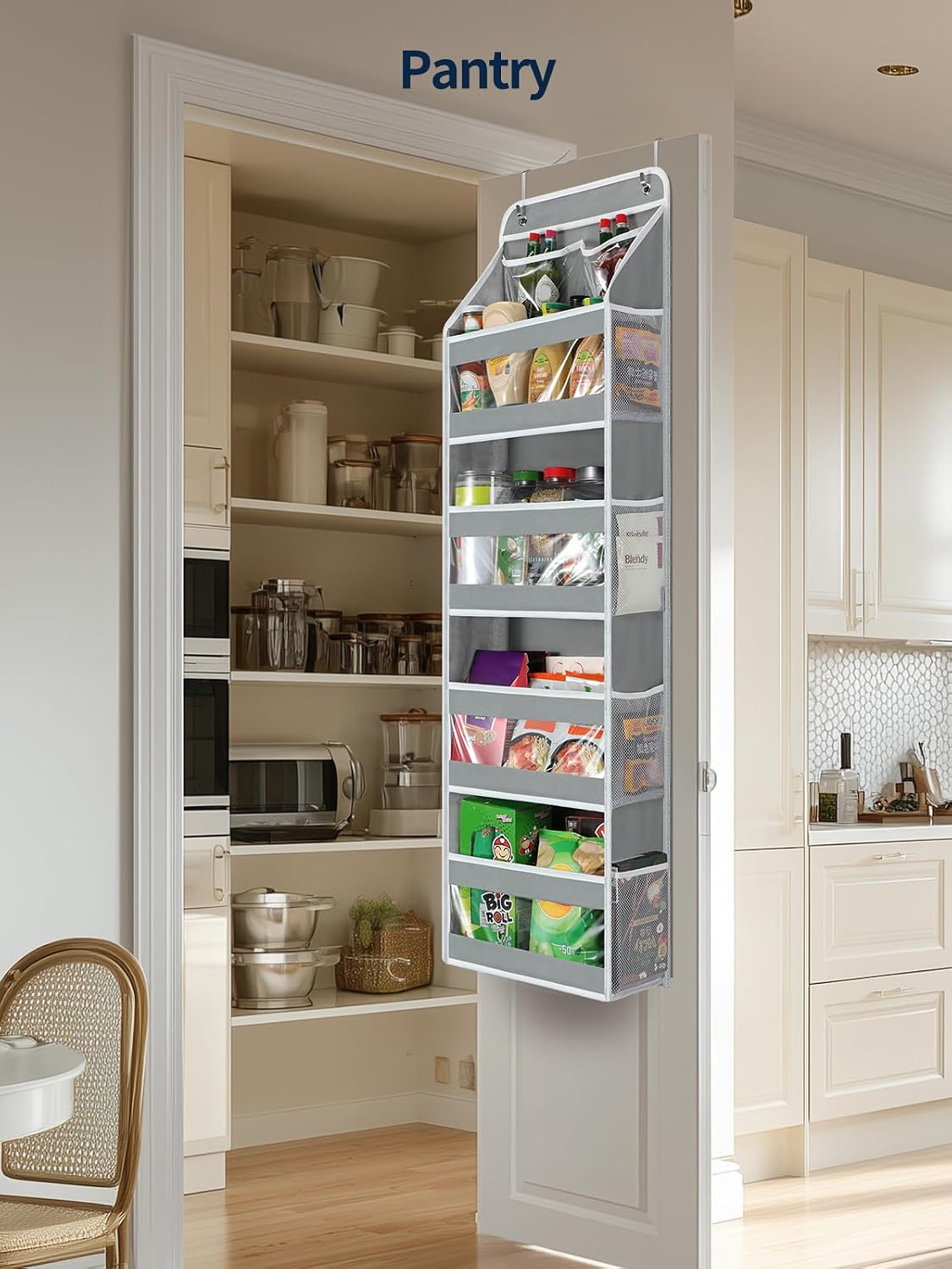 Yecaye 5 Tier Over the Door Organizer, Swing-proof Door Organizer Hanging with Clear PVC Windows, Behind the Door Storage for Bedroom Nursery Closet Laundry Pantry Bathroom, Grey