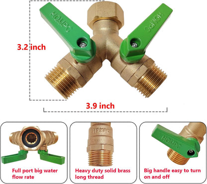 HQMPC Garden Hose Y Valve Splitter With Metal Long Handle Brass Hose Splitter Big Water Flow Hole- Spigot Splitter 2 way 3/4" GHT Thread