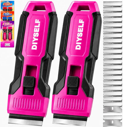 DIYSELF 2 Pack Razor Blade Scraper with 30 PCS Blades, Razor Scraper Tool for Glass Cooktop & Window, Glass Scraper for Stove Top, Oven, Sticker & Glue, Non-Slip Grip Paint Scraper, Easy Blade Change