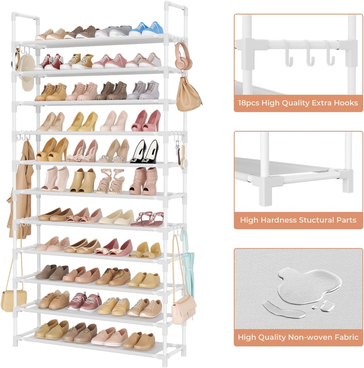 LANTEFUL 10 Tiers Shoe Rack 50 Pairs Large Capacity Tall Shoe Organizer Sturdy Shoe Storage with Two Hooks Space Saving Metal Wide Shoe Rack for Closet, Entryway, Bedroom, Black