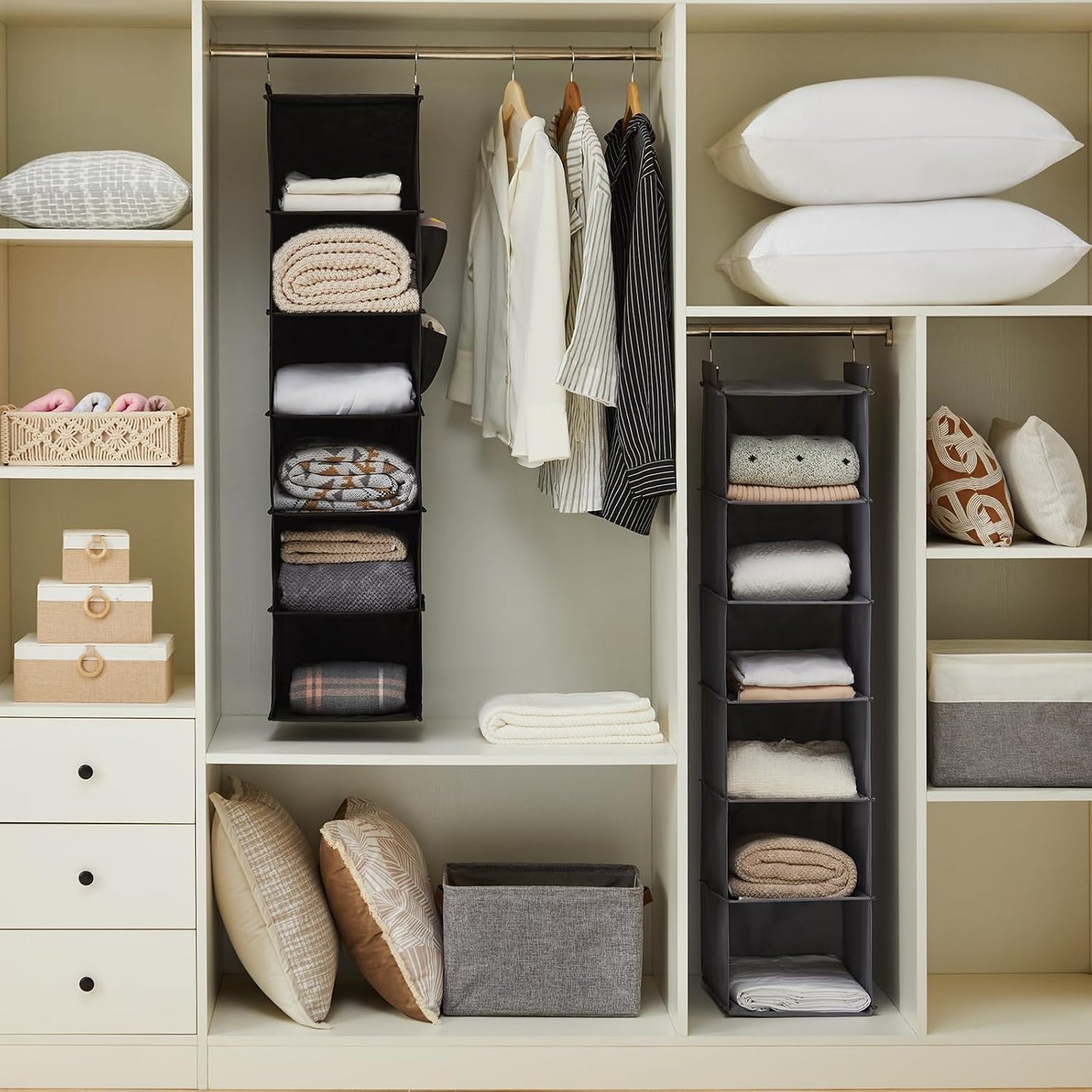 YOUDENOVA Hanging Closet Organizer, 6-Shelf Closet Hanging Storage Shelves, 2 Packs, Grey