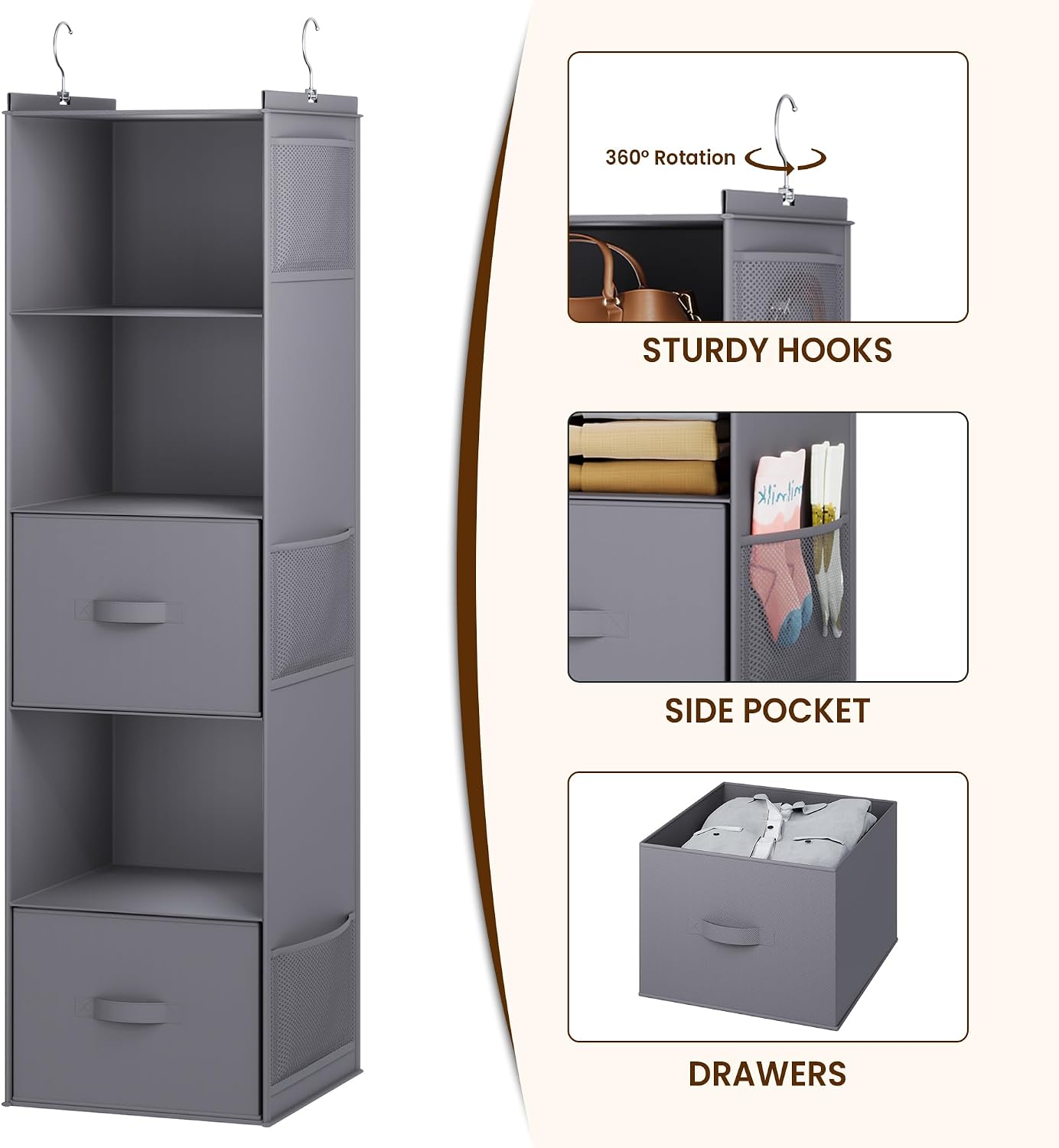 YOUDENOVA Hanging Closet Organizer, 5 Tier Hanging Closet Shelves with 6 Side Pockets and 2 Drawers, Grey