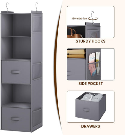 YOUDENOVA Hanging Closet Organizer, 5 Tier Hanging Closet Shelves with 6 Side Pockets and 2 Drawers, Grey