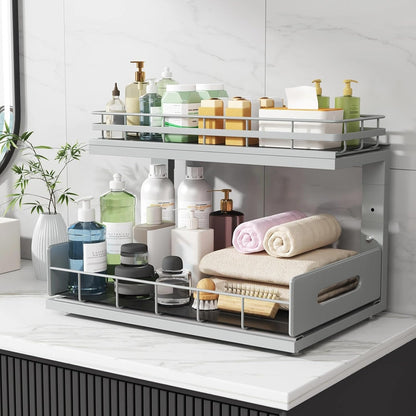 Under Sink Organizer Upgrade To Professional Rails,2-Tier Dual Pull Out Cabinet Storage,Height Adjustable Slide Out Drawers For Bathroom Kitchen,2 Pack-14.5" Dx12.8-16.9" H,White