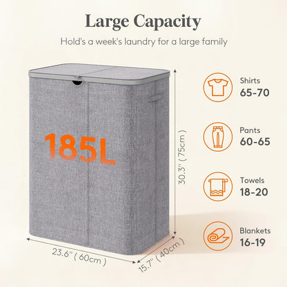 Lifewit 185L 3 Section Laundry Hamper with Lid, Large Laundry Basket with Handles and Removable Bags, Tall Clothes Hamper, Foldable Laundry Sorter for Bedroom Bathroom, Beige