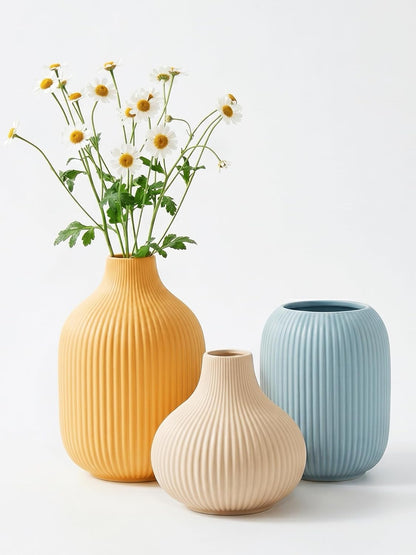 White Ceramic Flower Vases Set of 3, Modern Matte Vertical Ribbed, Nordic Minimalist Decor for Pampas, Dried & Fresh Flowers, Centerpiece for Living Room, Shelf, Entryway, Wedding,Office