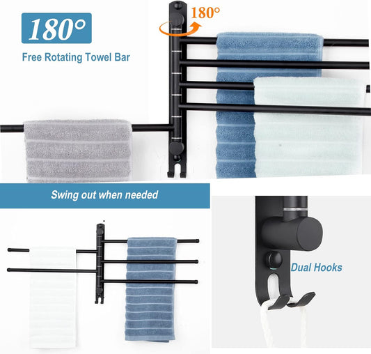 5-Arm Swivel Towel Rack - 180° Rotating Wall Mounted, 304 Stainless Steel Rustproof, Heavy Duty Bathroom Accessories, Space Saving Towel Organizer for Bathroom Kitchen Laundry - Pearl White