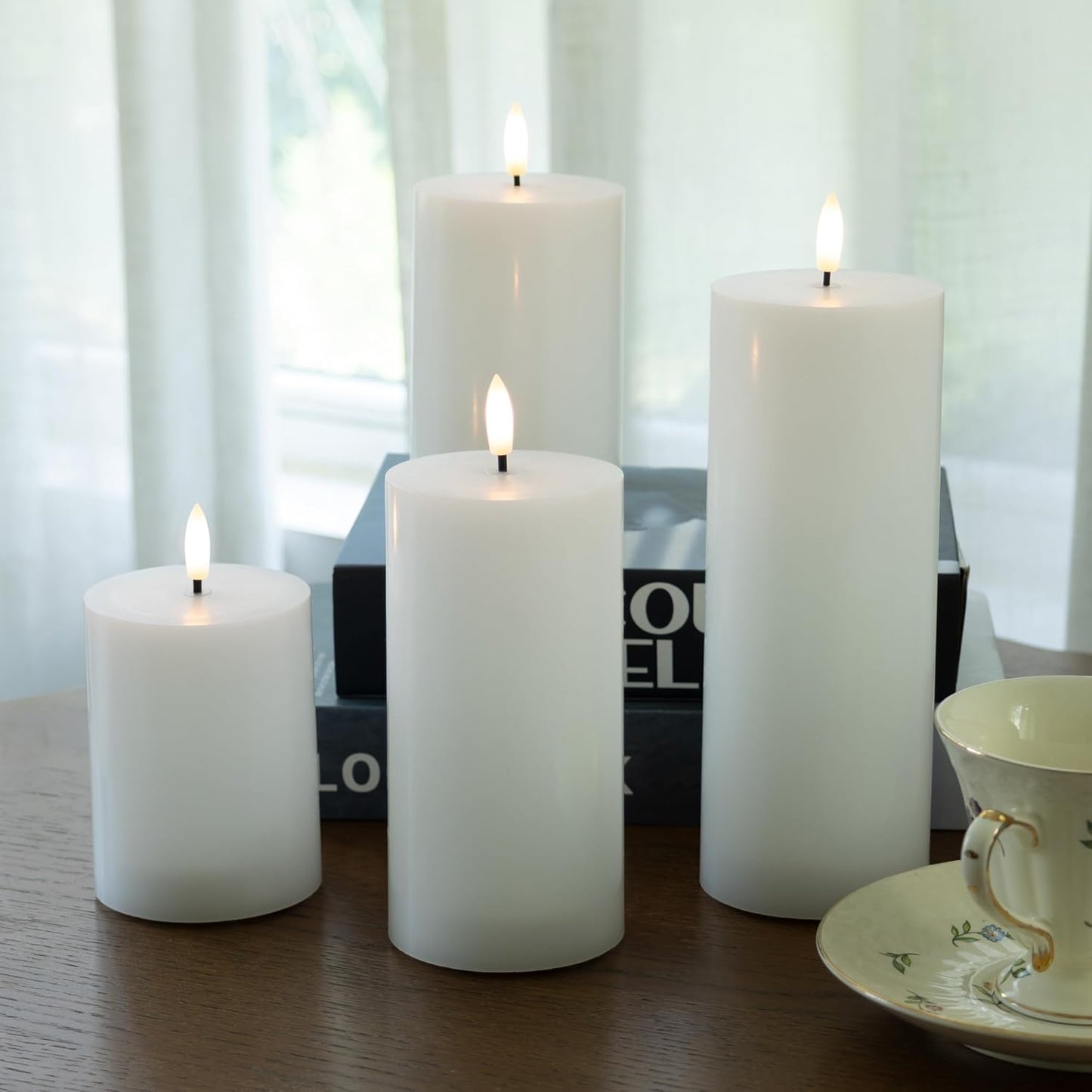 Flickering Flameless Candles, Real Wax Battery Operated Candles with Remote, Flat Top Led Flameless Pillar Candles for Home, Wedding, Party Decor, Set of 4, Φ 3" H 4" 5" 6" 8", Ivory