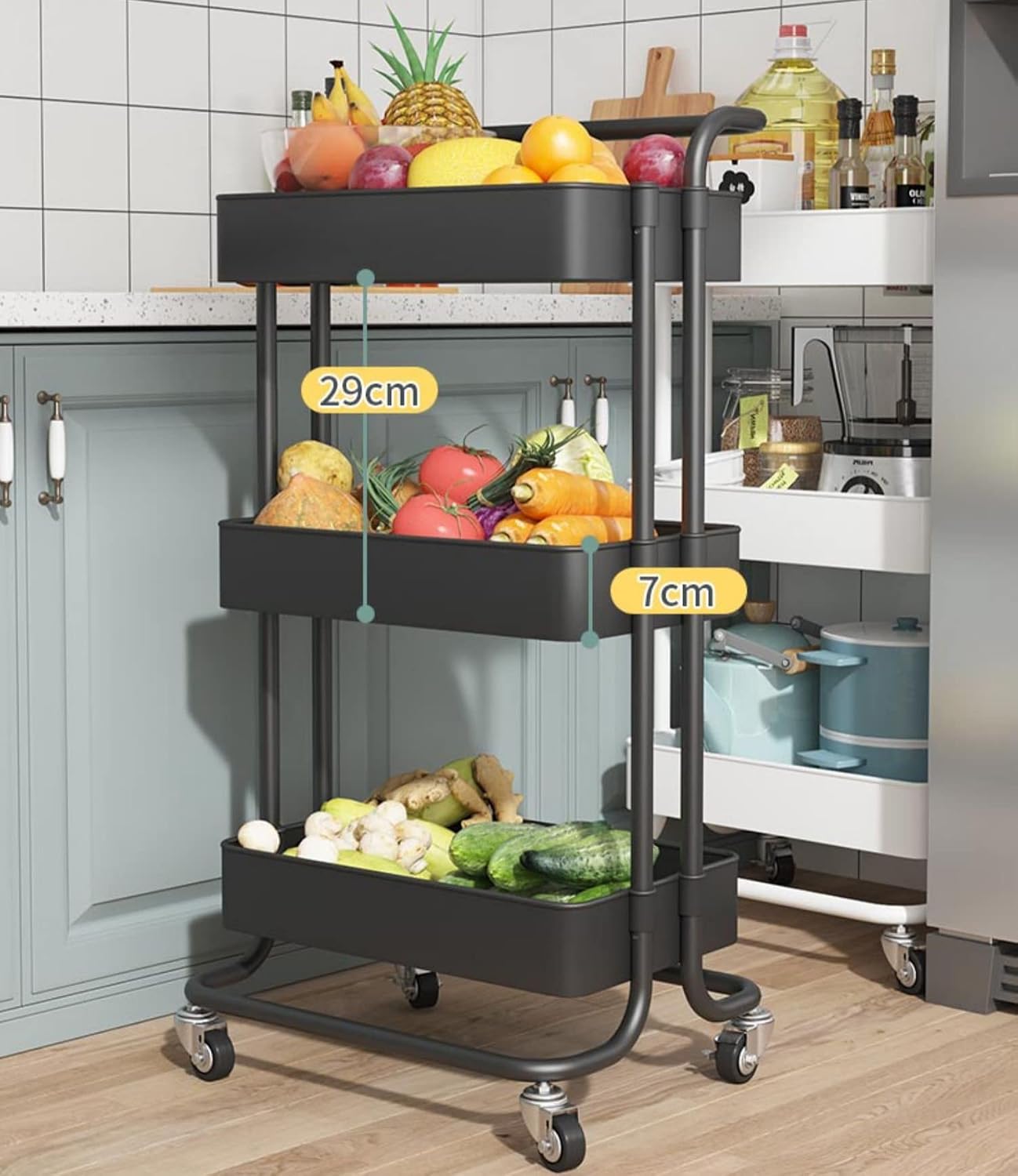 Sooyee 3 Tier Rolling Cart with Wheels, Slim Storage Cart, Under Desk Narrow Rolling Utility Cart Storage Organizer for Office Bathroom Kitchen Laundry Room Narrow Places, White, Plastic and Metal