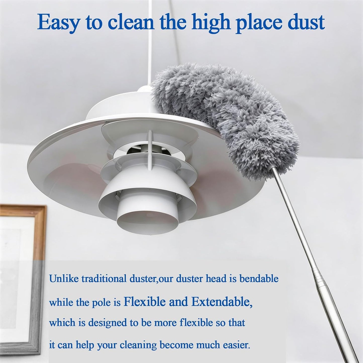 DELUX Microfiber Feather Duster Extendable Duster with 100 inches Extra Long Pole, Bendable Head & Long Handle Dusters for Cleaning Ceiling Fan, High Ceiling, Blinds, Furniture & Cars Gray