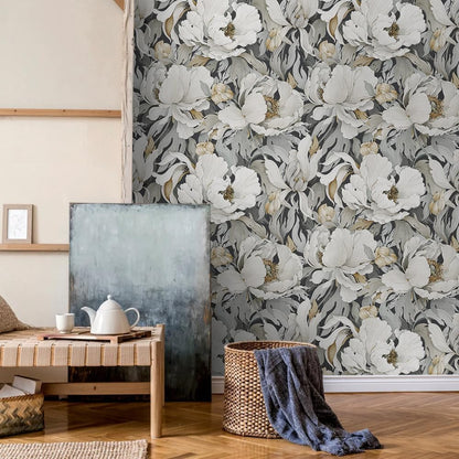 MuralPeel Dark Grey White Poppies Peony Floral Vintage Peel and Stick Wallpaper Self Adhesive Removable Easy Peel Off Stick on Wall Paper for Bedroom Cabinet Renter