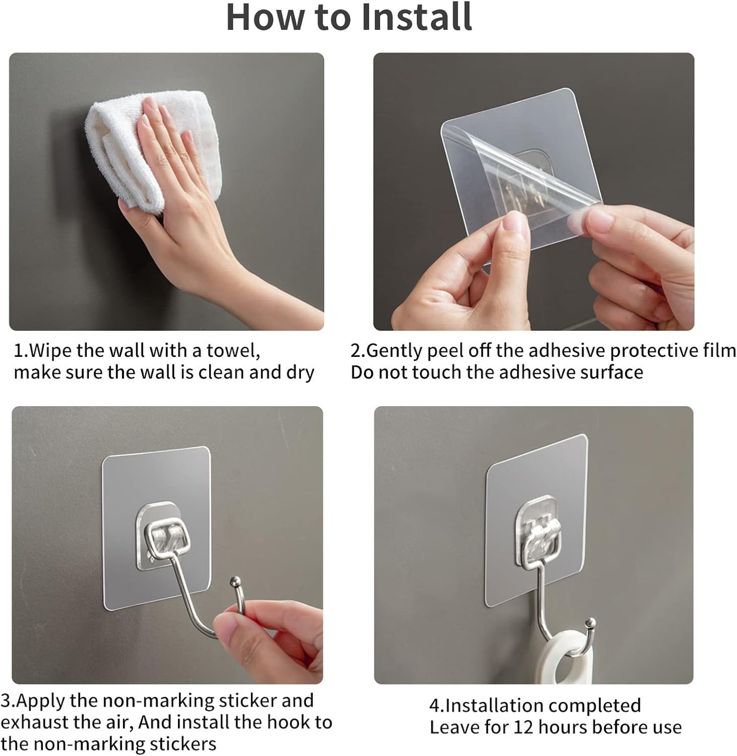 Large Adhesive Hooks for Hanging Heavy Duty Wall Hooks 22 lbs Self Adhesive Towel Waterproof Transparent for Bags Bathroom Shower Outdoor Kitchen Cups Door Coat Sticky Hooks (Transparent, 16pcs)